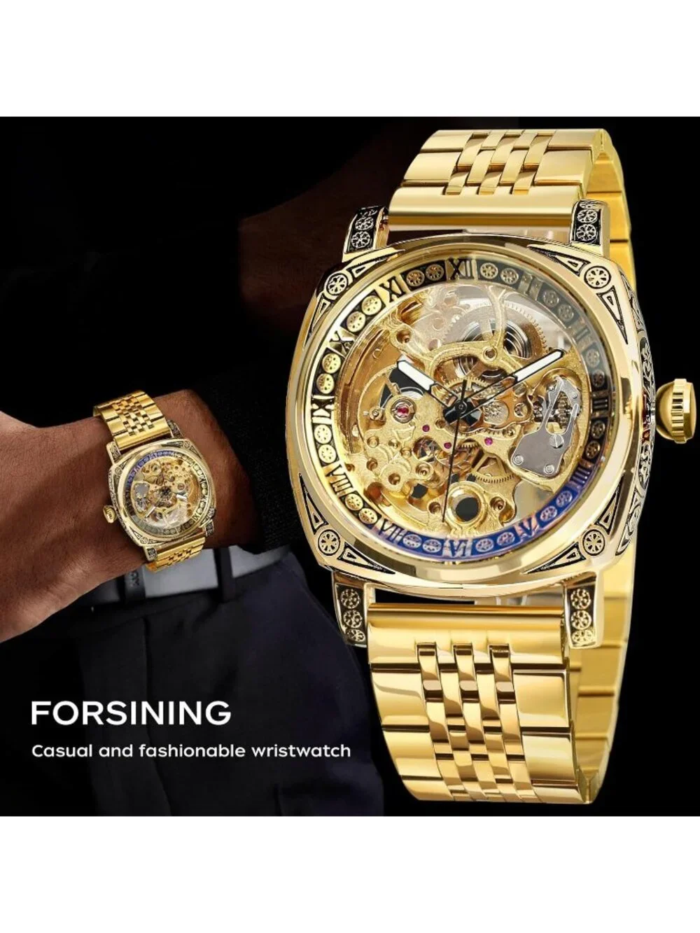 Mens All Gold Square Mechanical Stainless Steel Self-Wind Carved Automatic Watch